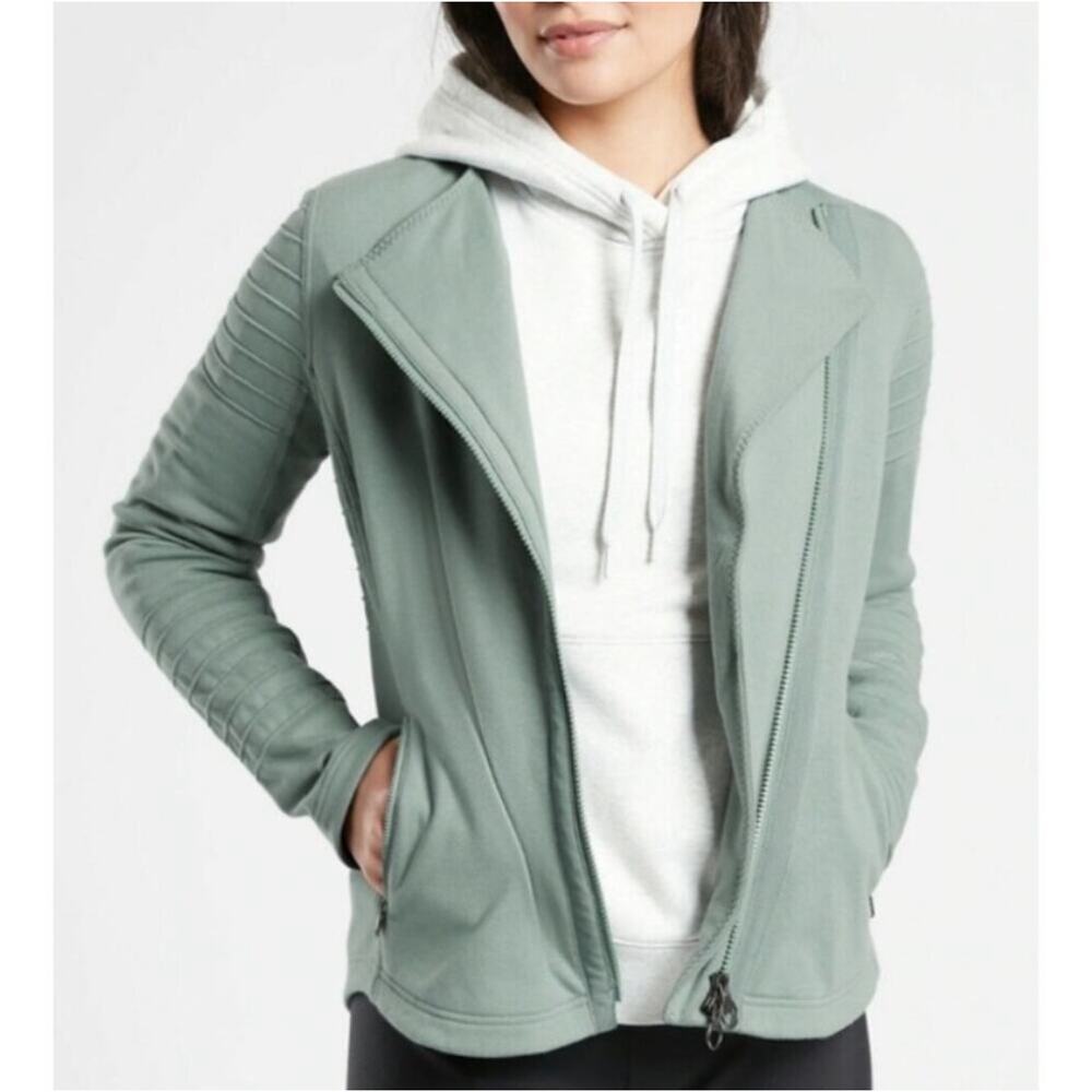 Athleta Jacket Womens Small Green Moto Full Zip Travel Commute Active Sporty